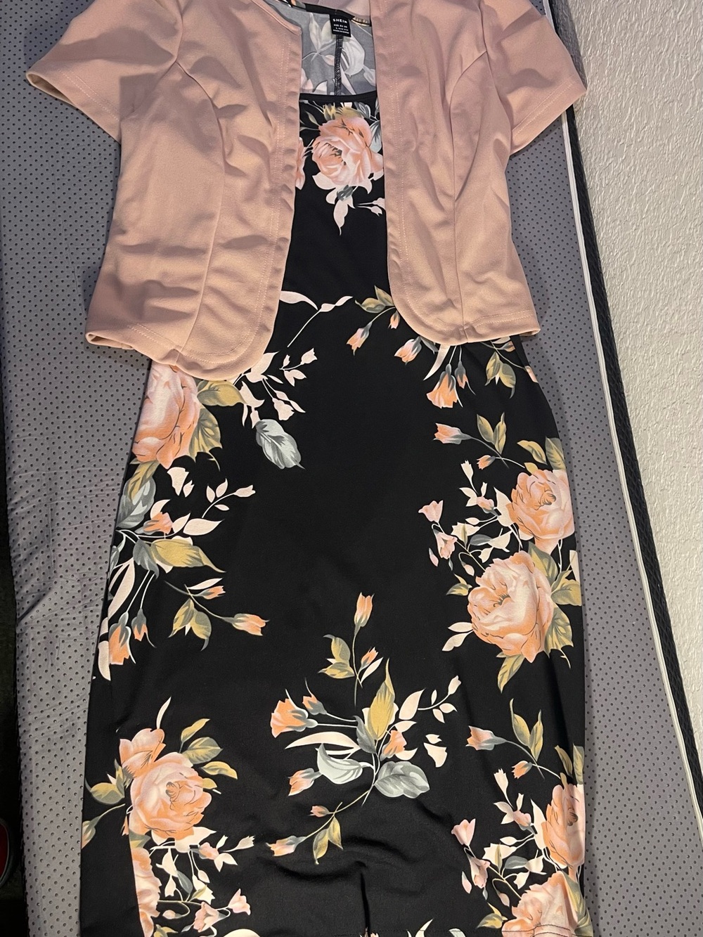 SHEIN Black Floral Midi Dress with Blush Pink Jacket
